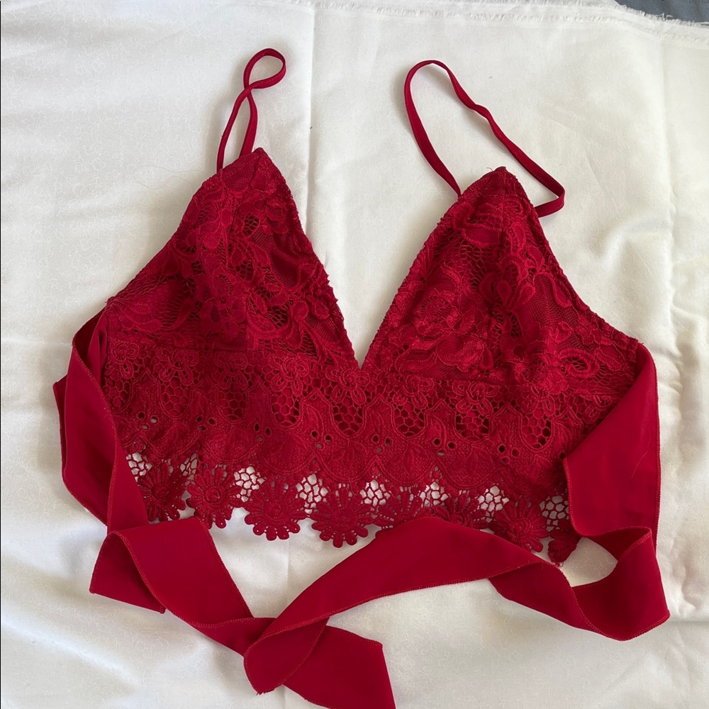 Red lace tie crop top